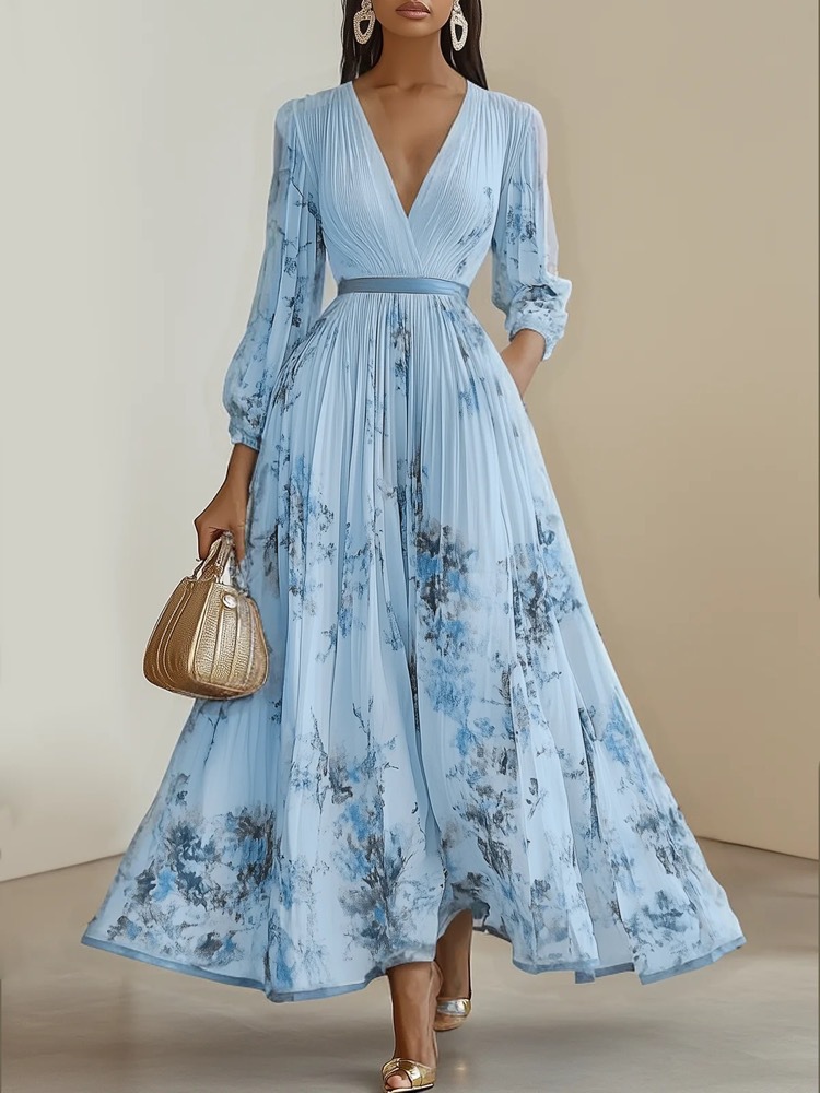Pleated Chiffon V Neck Floral Long Sleeve Balloon Sleeve A-Line Maxi Dress