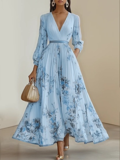 Pleated Chiffon V Neck Floral Long Sleeve Balloon Sleeve A-Line Maxi Dress