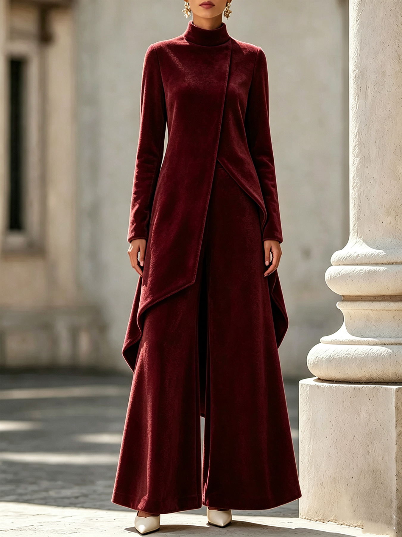 Elegant Velvet High Neck Asymmetrical Wide Leg Pants Set