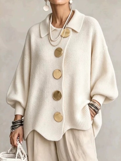 Elegant Oversized Collar Gold Button Relaxed Knit Top