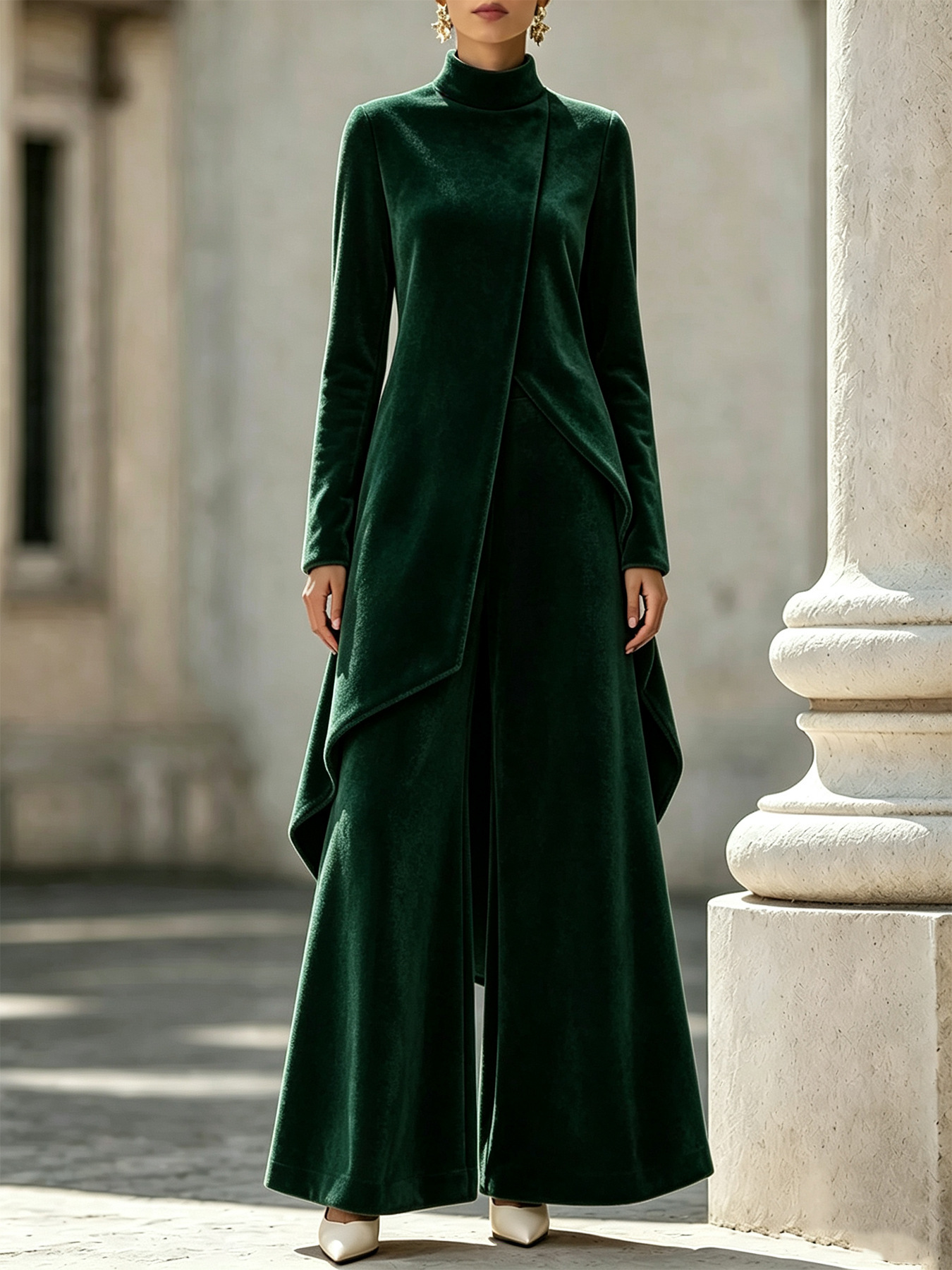 Elegant Velvet High Neck Asymmetrical Wide Leg Pants Set