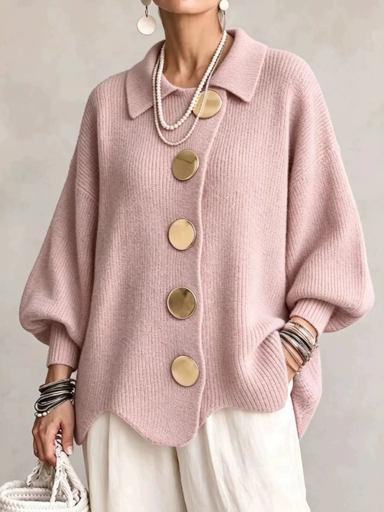 Elegant Oversized Collar Gold Button Relaxed Knit Top
