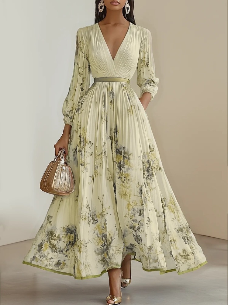Pleated Chiffon V Neck Floral Long Sleeve Balloon Sleeve A-Line Maxi Dress