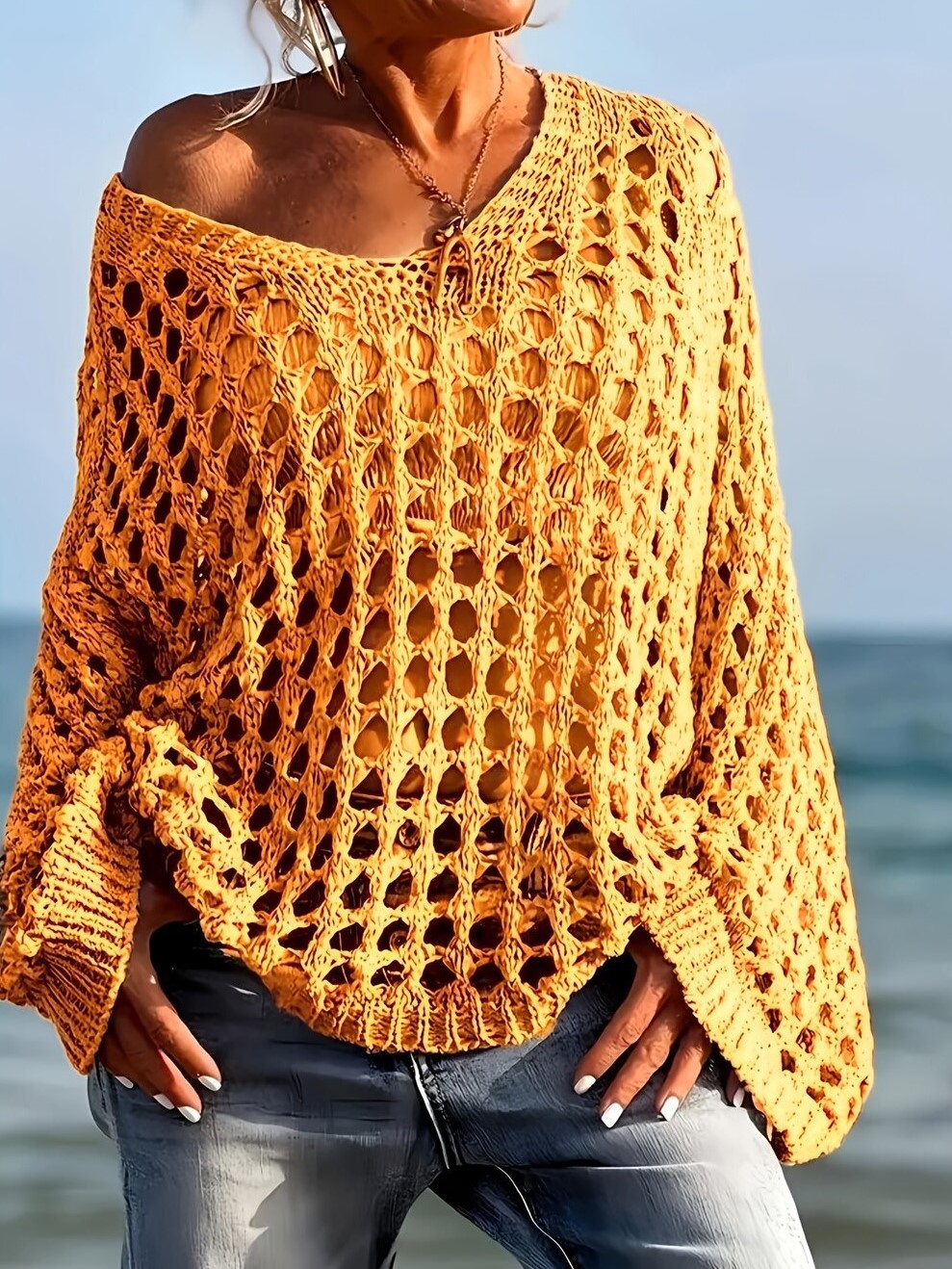 Loose Knit Open Weave Batwing Sleeve Pullover Top