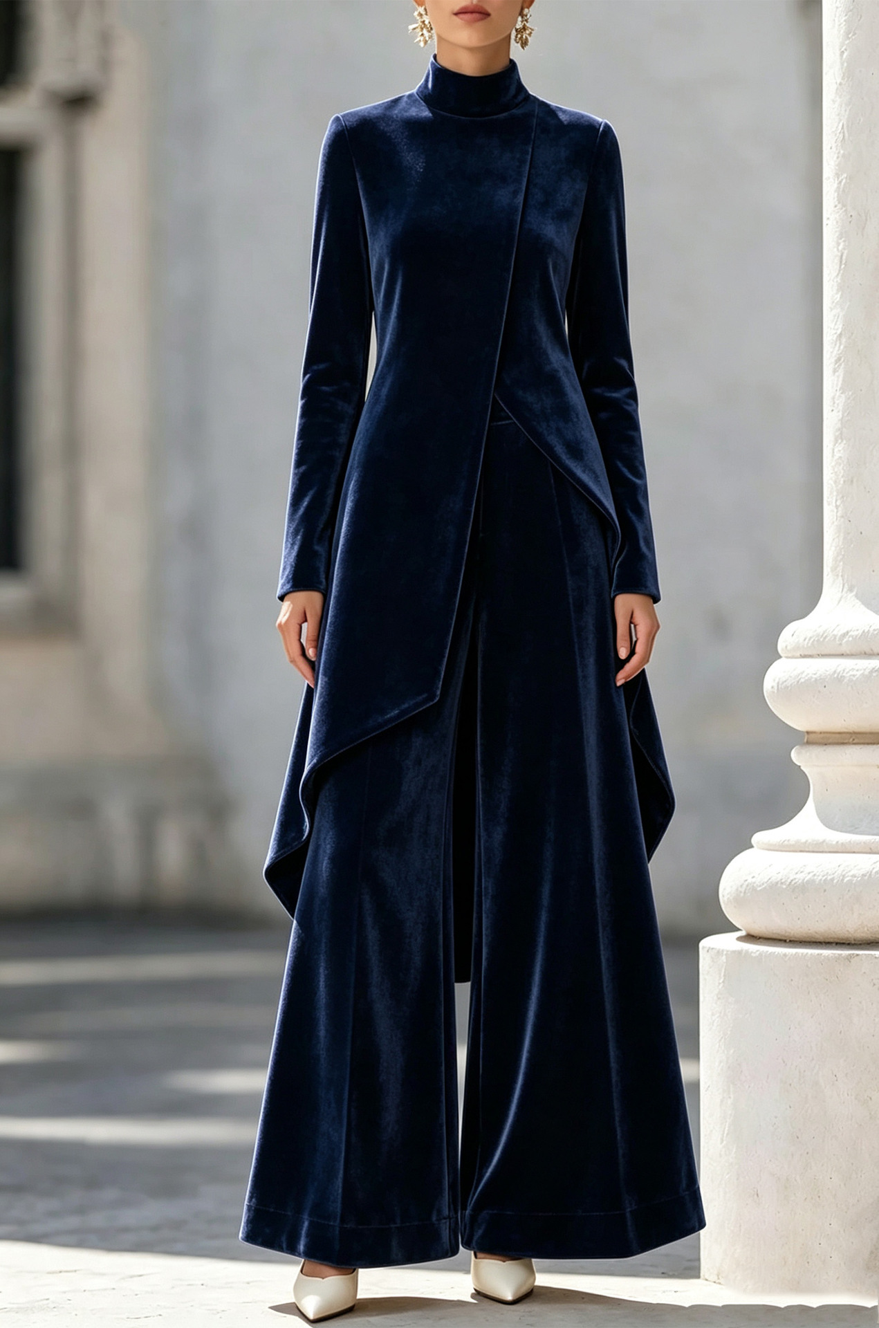 Elegant Velvet High Neck Asymmetrical Wide Leg Pants Set