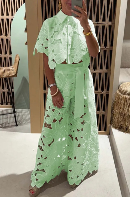 Floral Lace Cropped Shirt and Belt Pocketed Wide Leg Pants Set