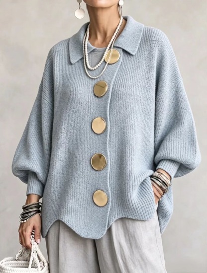 Elegant Oversized Collar Gold Button Relaxed Knit Top