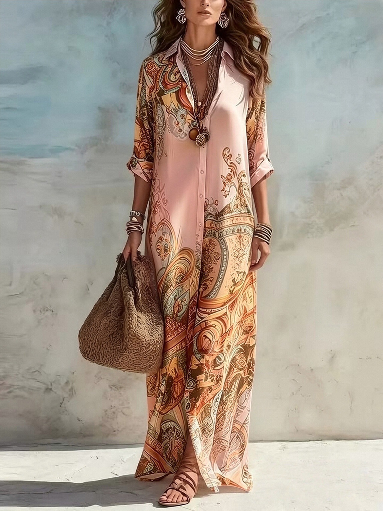 Boho Print Button Front Relaxed Maxi Shirt Dress