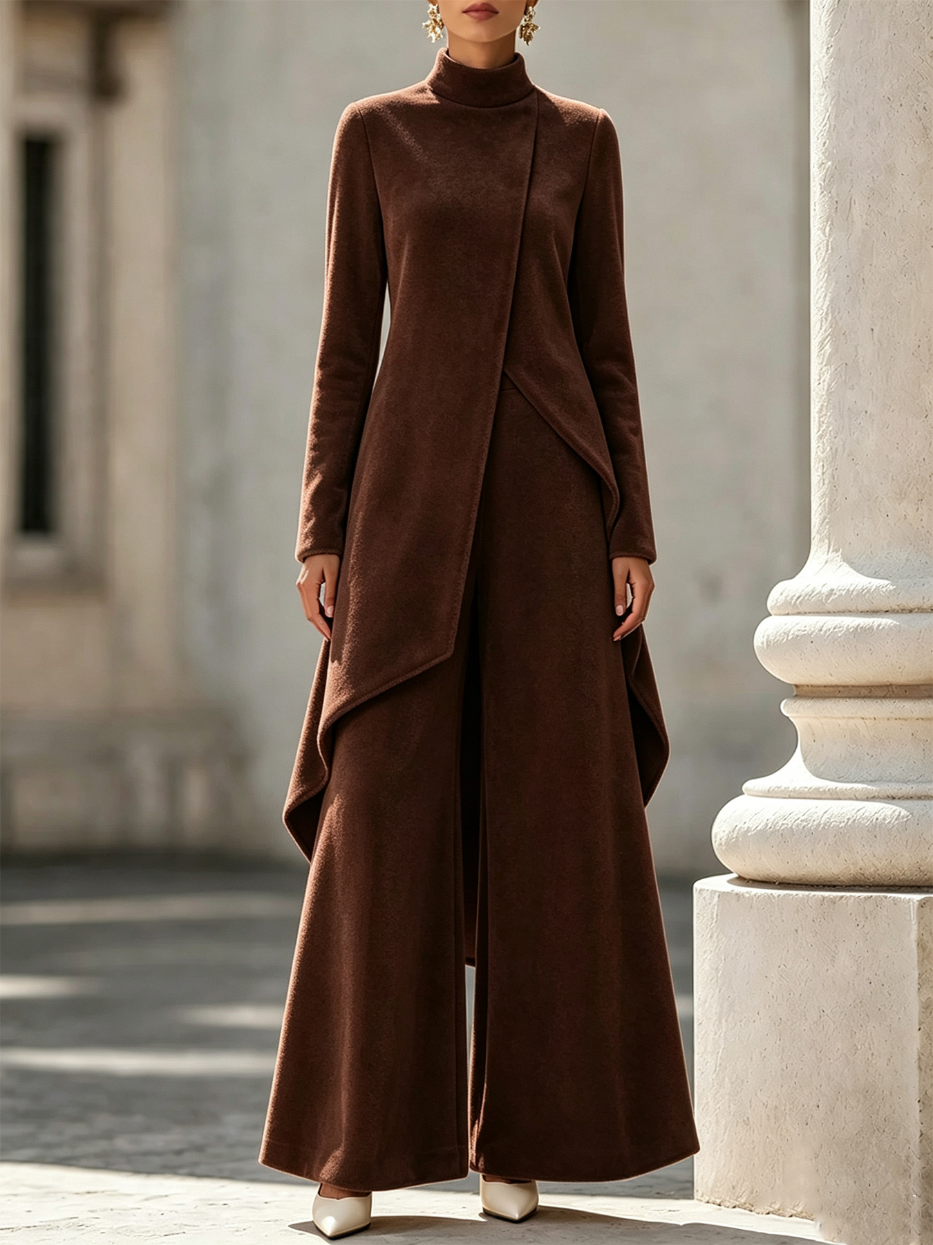 Elegant Velvet High Neck Asymmetrical Wide Leg Pants Set