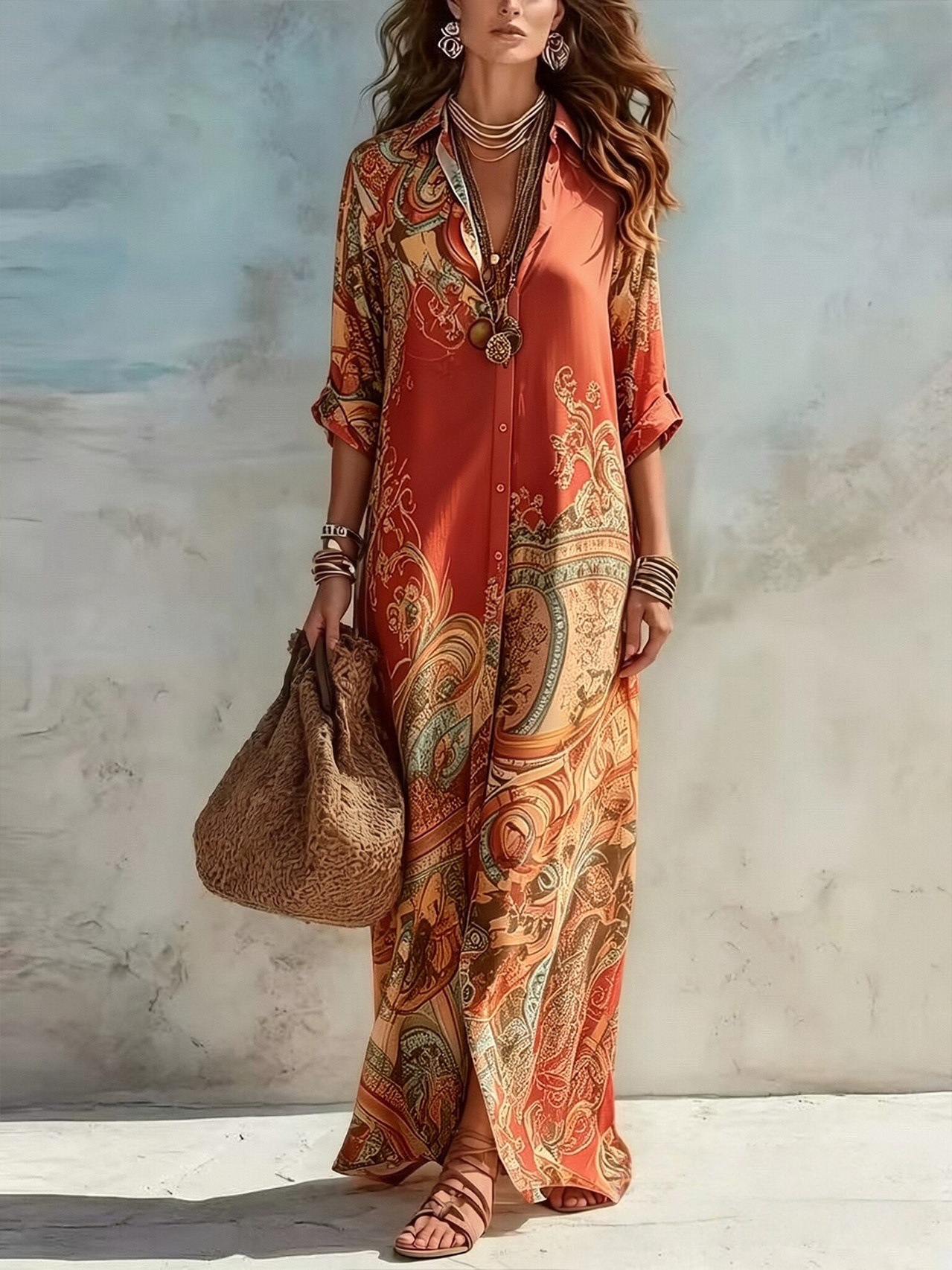 Boho Print Button Front Relaxed Maxi Shirt Dress