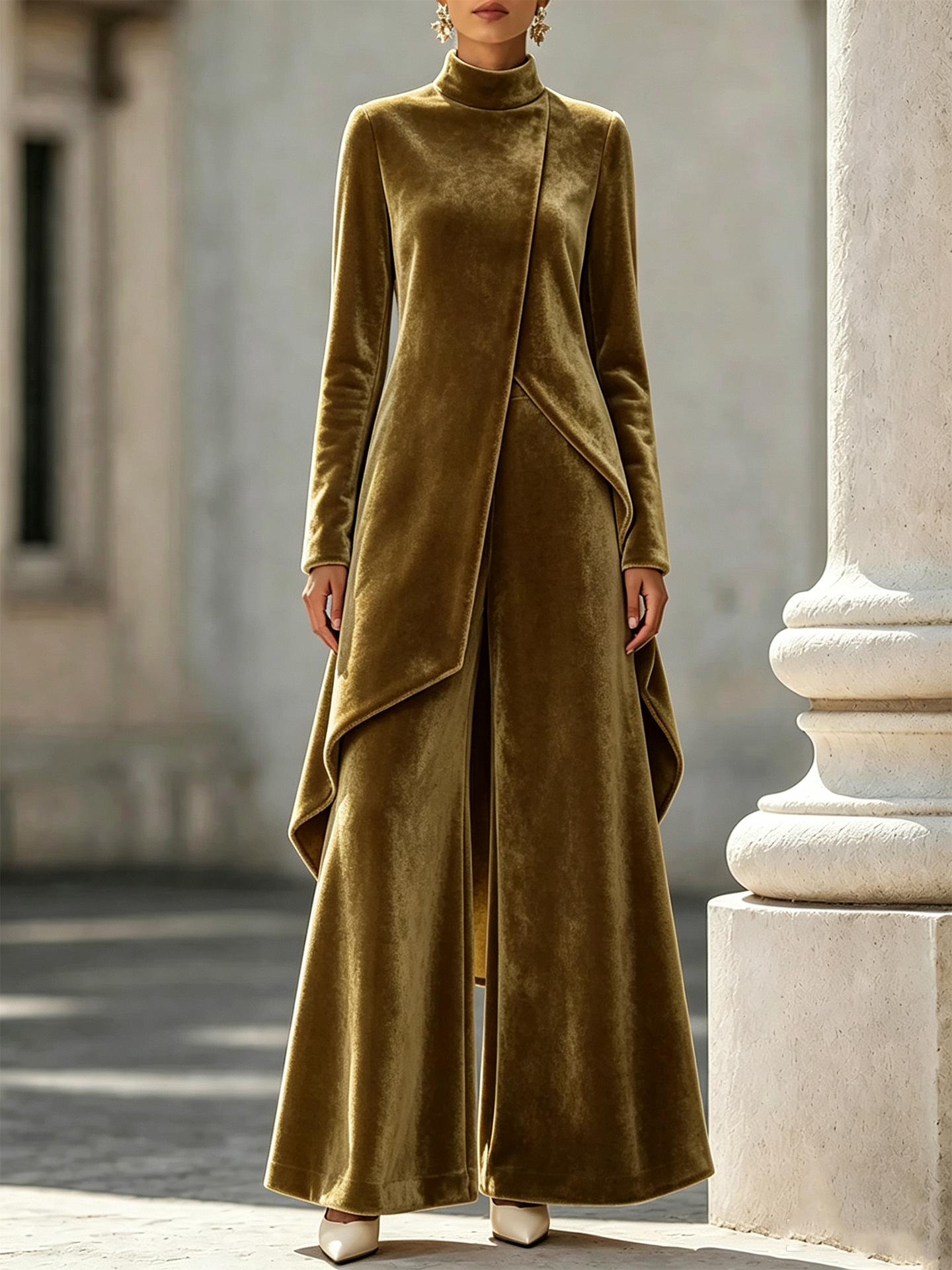 Elegant Velvet High Neck Asymmetrical Wide Leg Pants Set