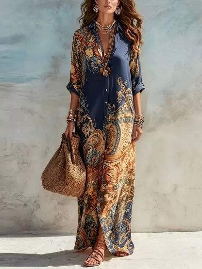 Boho Print Button Front Relaxed Maxi Shirt Dress