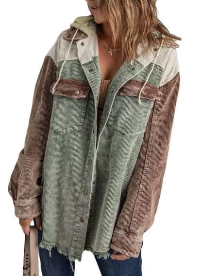 2024 Fall Long Sleeve Button Down Color Block Corduroy Hooded Jacket(BUY 2 10% OFF)