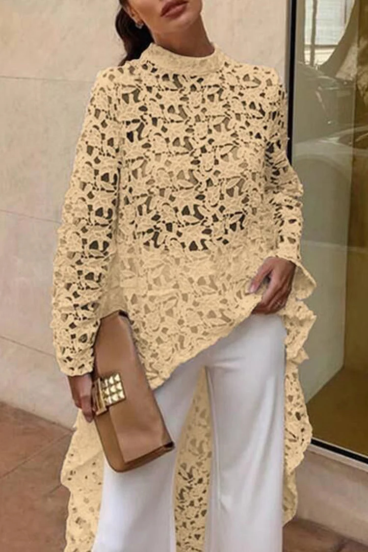 Elegant High Neck Lace Hollow Out Longline Top