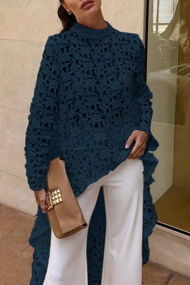 Elegant High Neck Lace Hollow Out Longline Top