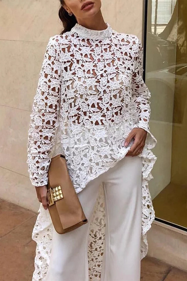 Elegant High Neck Lace Hollow Out Longline Top