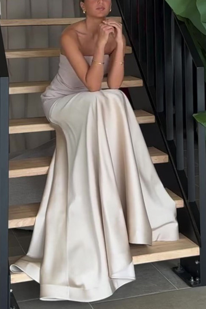 Timeless Elegance Satin Strapless Flare Maxi Dress (Buy 2 Free Shipping)