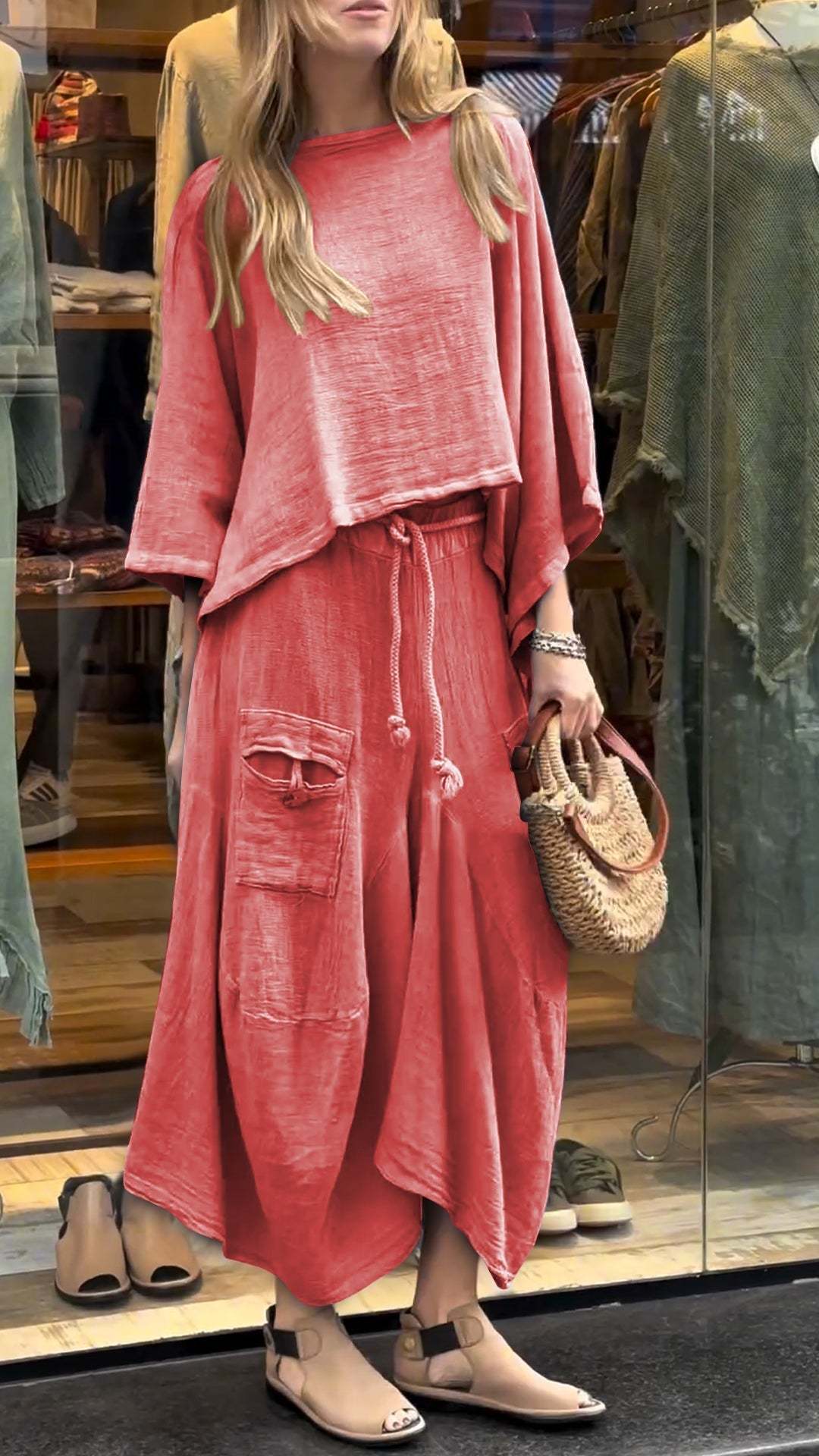 Two-Piece Set - Women's Loose Fit Cotton Linen Maxi Skirt and Blouse Set