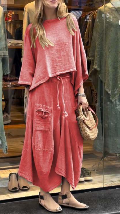 Two-Piece Set - Women's Loose Fit Cotton Linen Maxi Skirt and Blouse Set