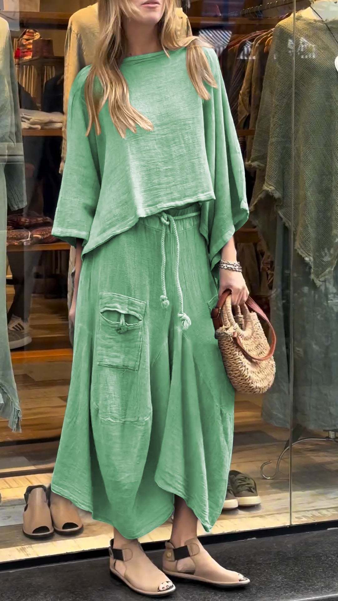 Two-Piece Set - Women's Loose Fit Cotton Linen Maxi Skirt and Blouse Set