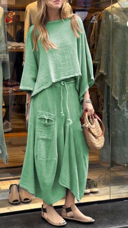 Two-Piece Set - Women's Loose Fit Cotton Linen Maxi Skirt and Blouse Set