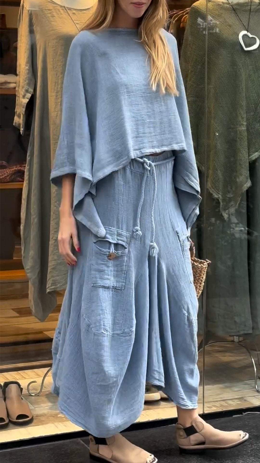 Two-Piece Set - Women's Loose Fit Cotton Linen Maxi Skirt and Blouse Set