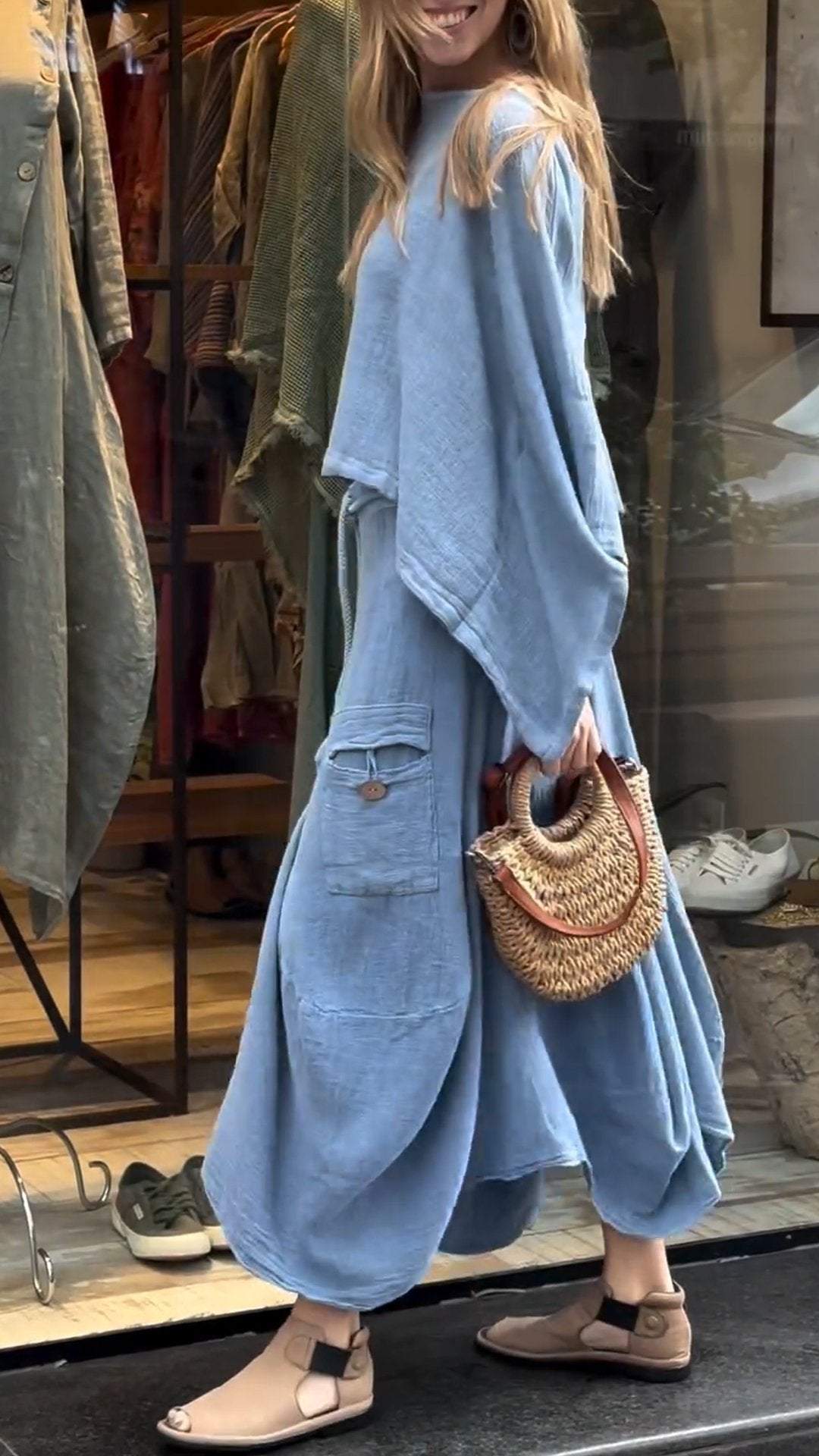 Two-Piece Set - Women's Loose Fit Cotton Linen Maxi Skirt and Blouse Set
