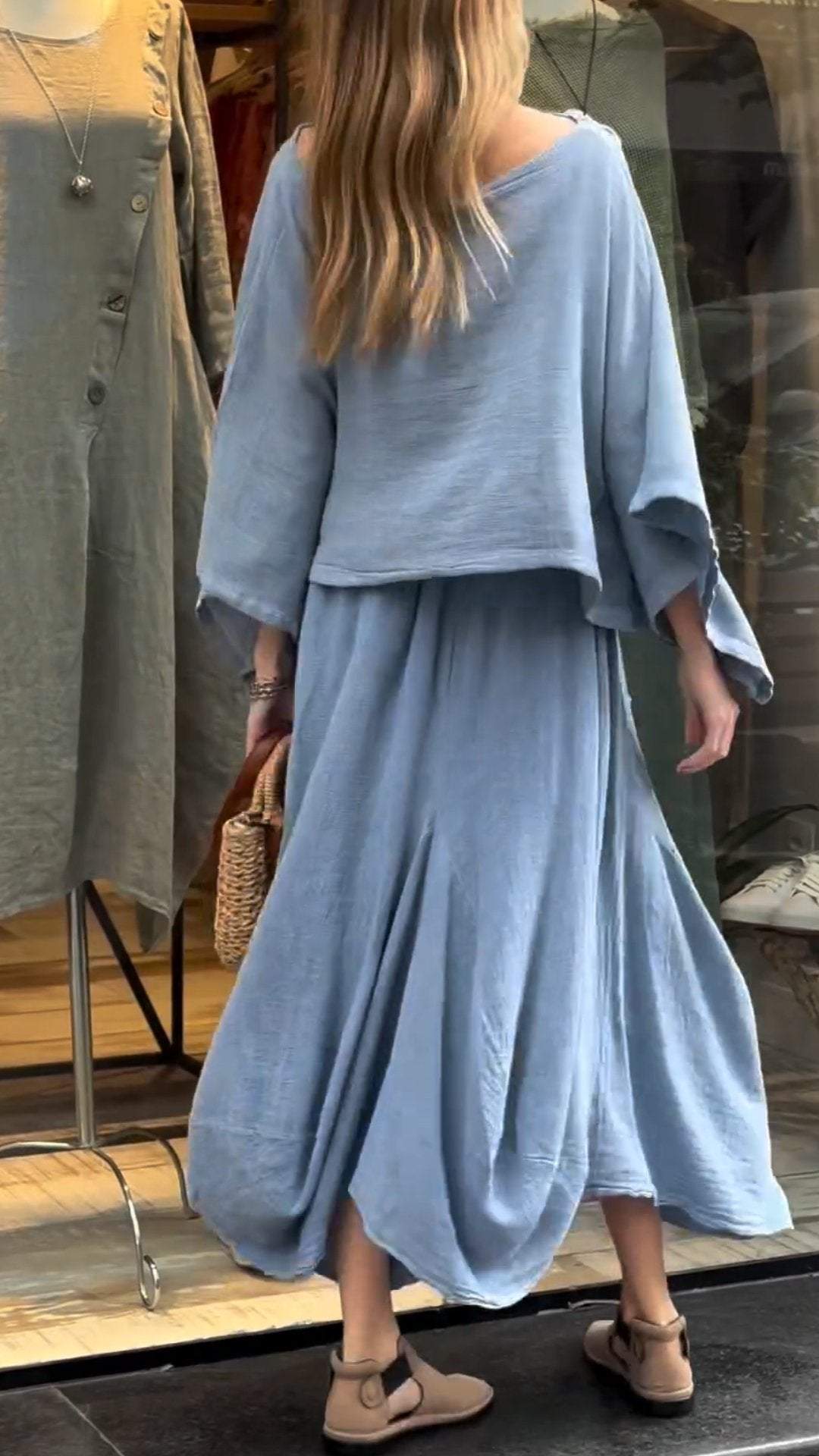 Two-Piece Set - Women's Loose Fit Cotton Linen Maxi Skirt and Blouse Set