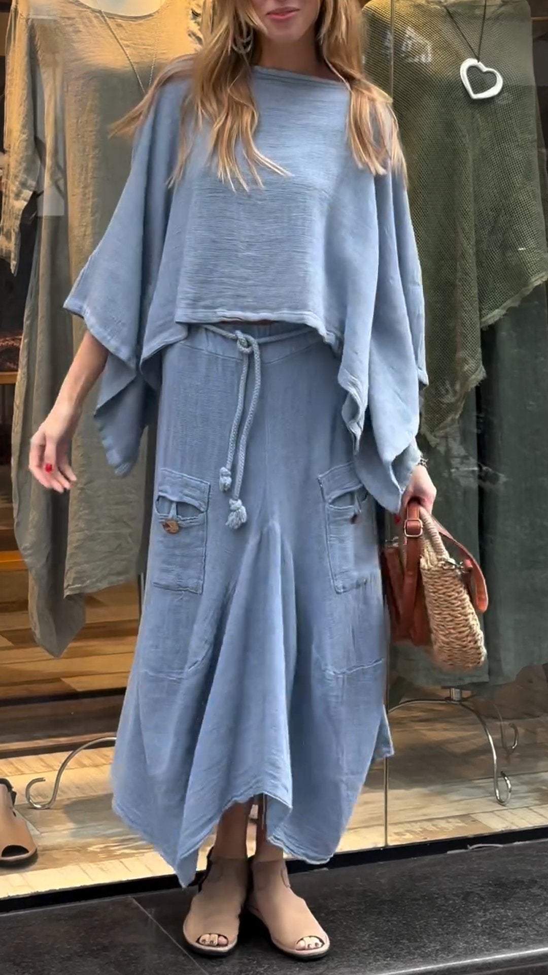 Two-Piece Set - Women's Loose Fit Cotton Linen Maxi Skirt and Blouse Set