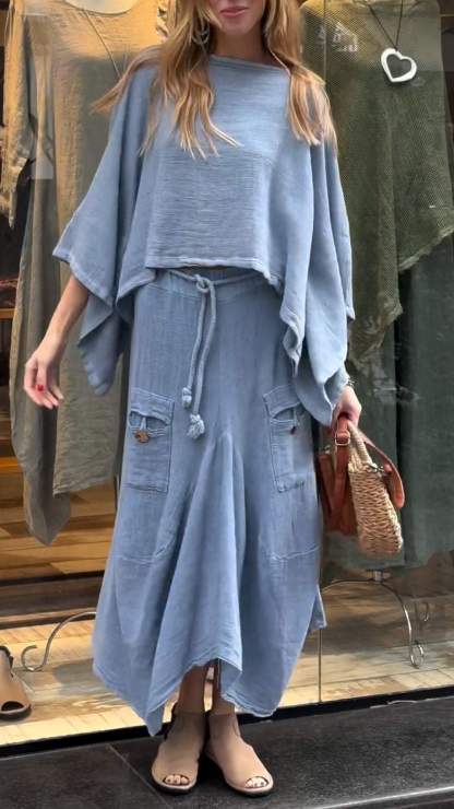 Two-Piece Set - Women's Loose Fit Cotton Linen Maxi Skirt and Blouse Set