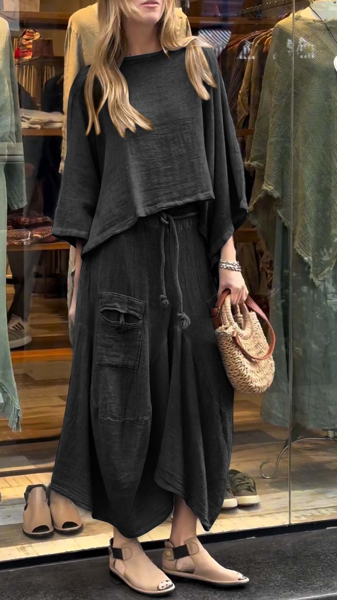 Two-Piece Set - Women's Loose Fit Cotton Linen Maxi Skirt and Blouse Set