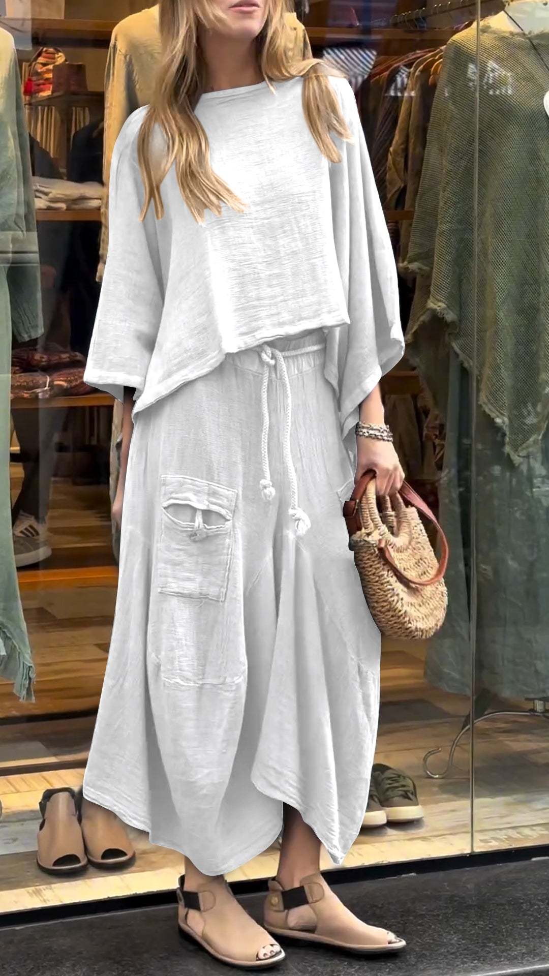 Two-Piece Set - Women's Loose Fit Cotton Linen Maxi Skirt and Blouse Set