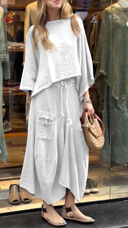 Two-Piece Set - Women's Loose Fit Cotton Linen Maxi Skirt and Blouse Set