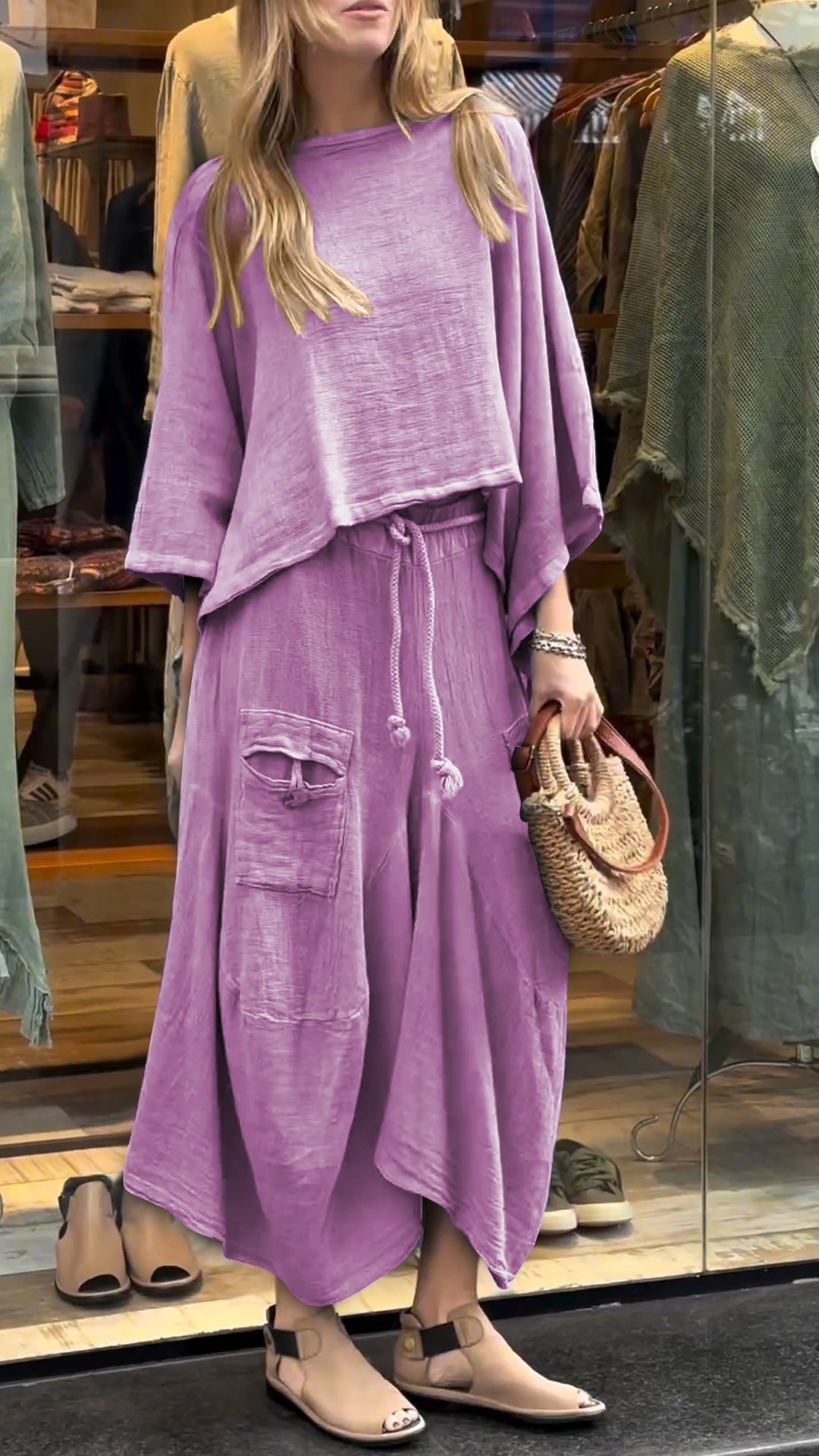 Two-Piece Set - Women's Loose Fit Cotton Linen Maxi Skirt and Blouse Set