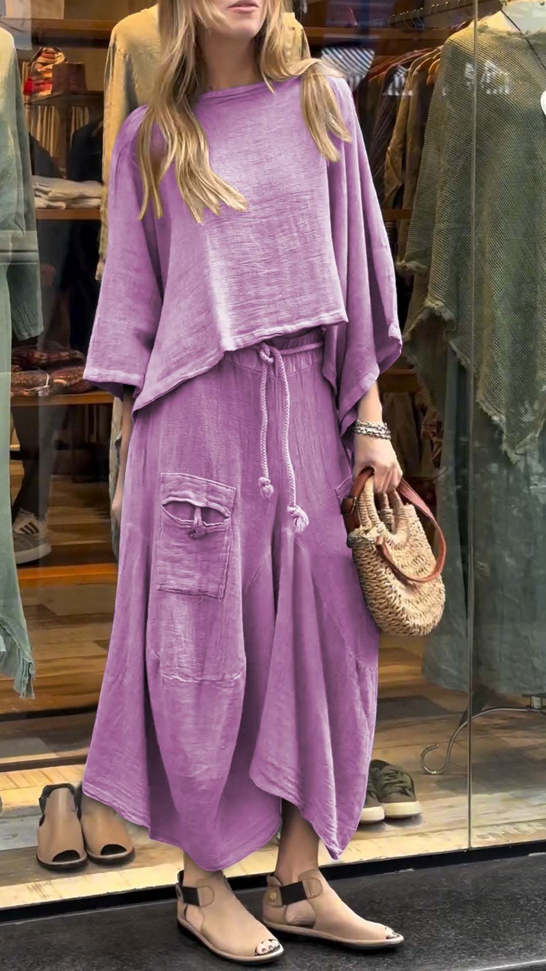 Two-Piece Set - Women's Loose Fit Cotton Linen Maxi Skirt and Blouse Set