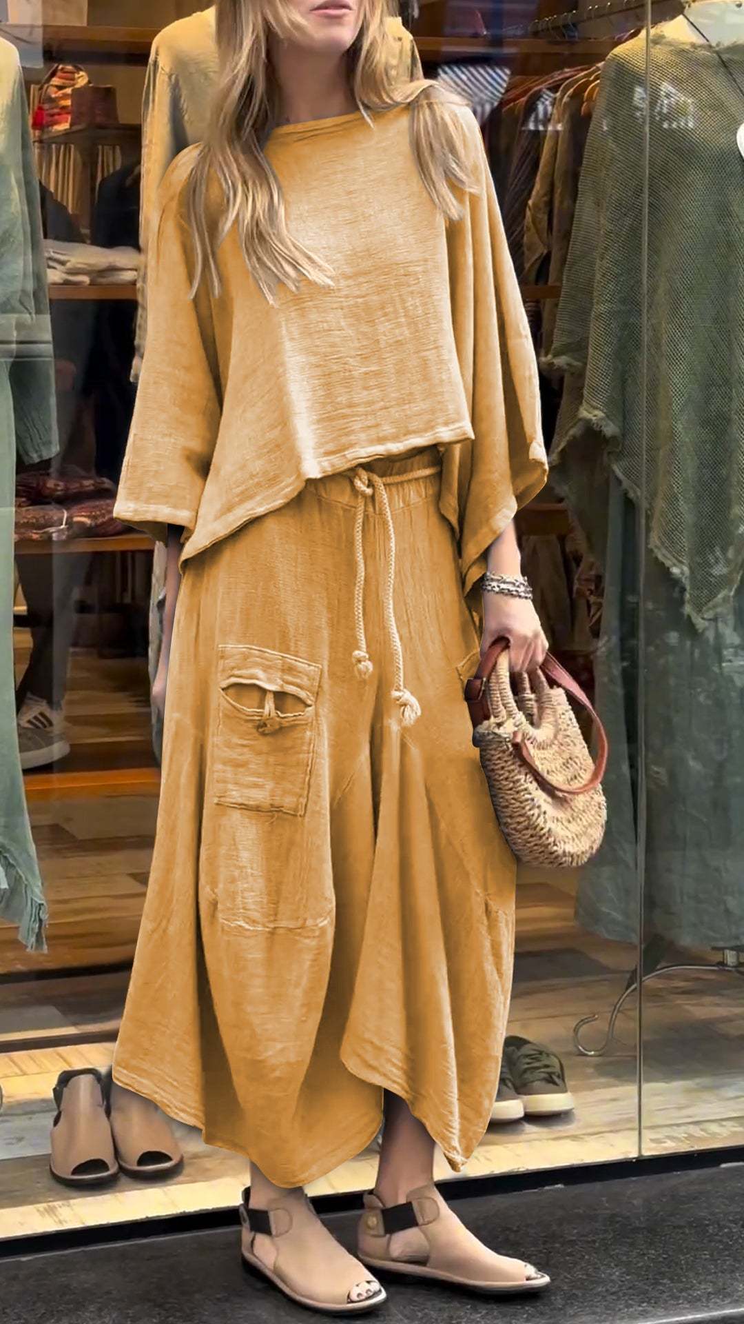 Two-Piece Set - Women's Loose Fit Cotton Linen Maxi Skirt and Blouse Set