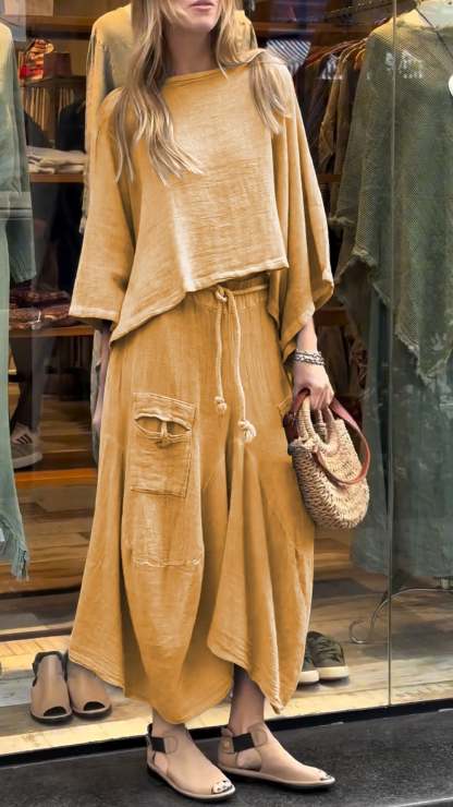 Two-Piece Set - Women's Loose Fit Cotton Linen Maxi Skirt and Blouse Set