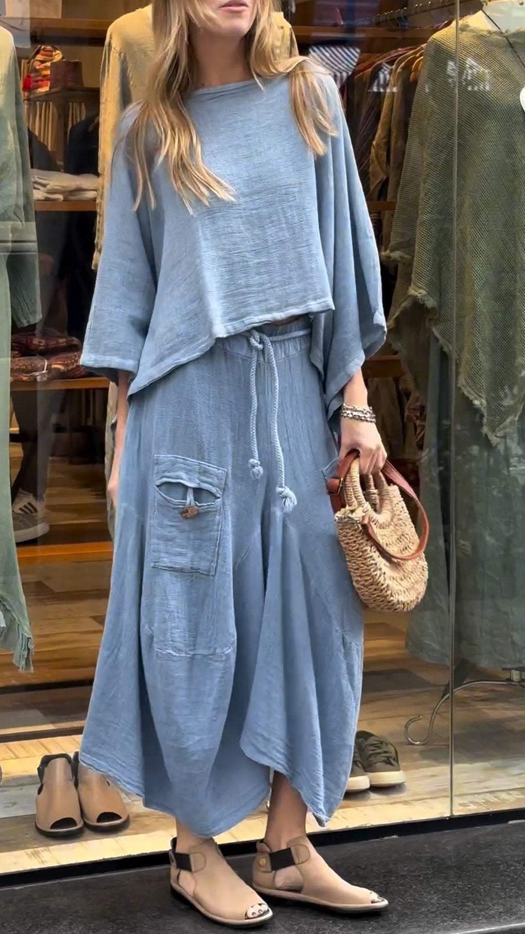 Two-Piece Set - Women's Loose Fit Cotton Linen Maxi Skirt and Blouse S