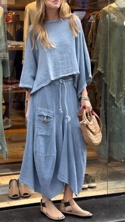 Two-Piece Set - Women's Loose Fit Cotton Linen Maxi Skirt and Blouse Set