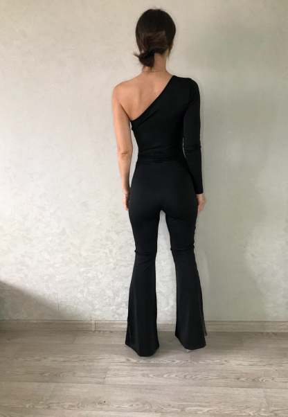 One Shoulder One Mesh Flare Jumpsuits
