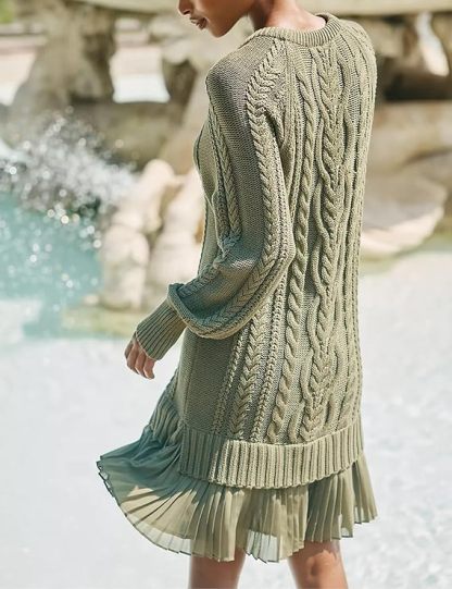 Cable Knit Twofer Mini Dress with Pleated Hem (Buy 2 Free Shipping)