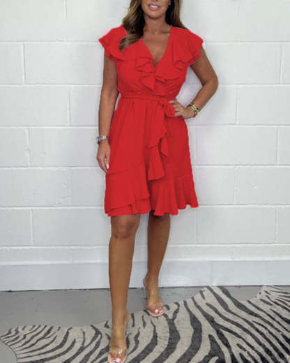 Ruffle Sleeve V-Neck Belted Mini Dress (Buy 2 Free Shipping)