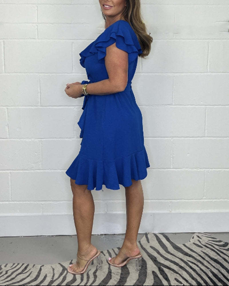 Ruffle Sleeve V-Neck Belted Mini Dress (Buy 2 Free Shipping)