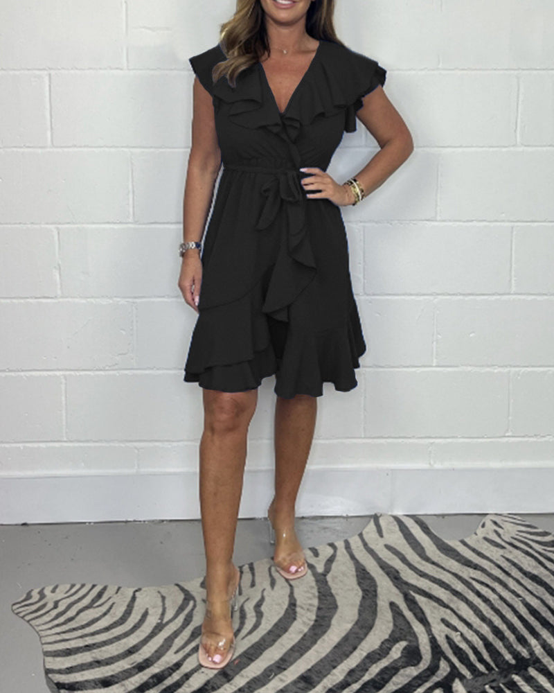 Ruffle Sleeve V-Neck Belted Mini Dress (Buy 2 Free Shipping)