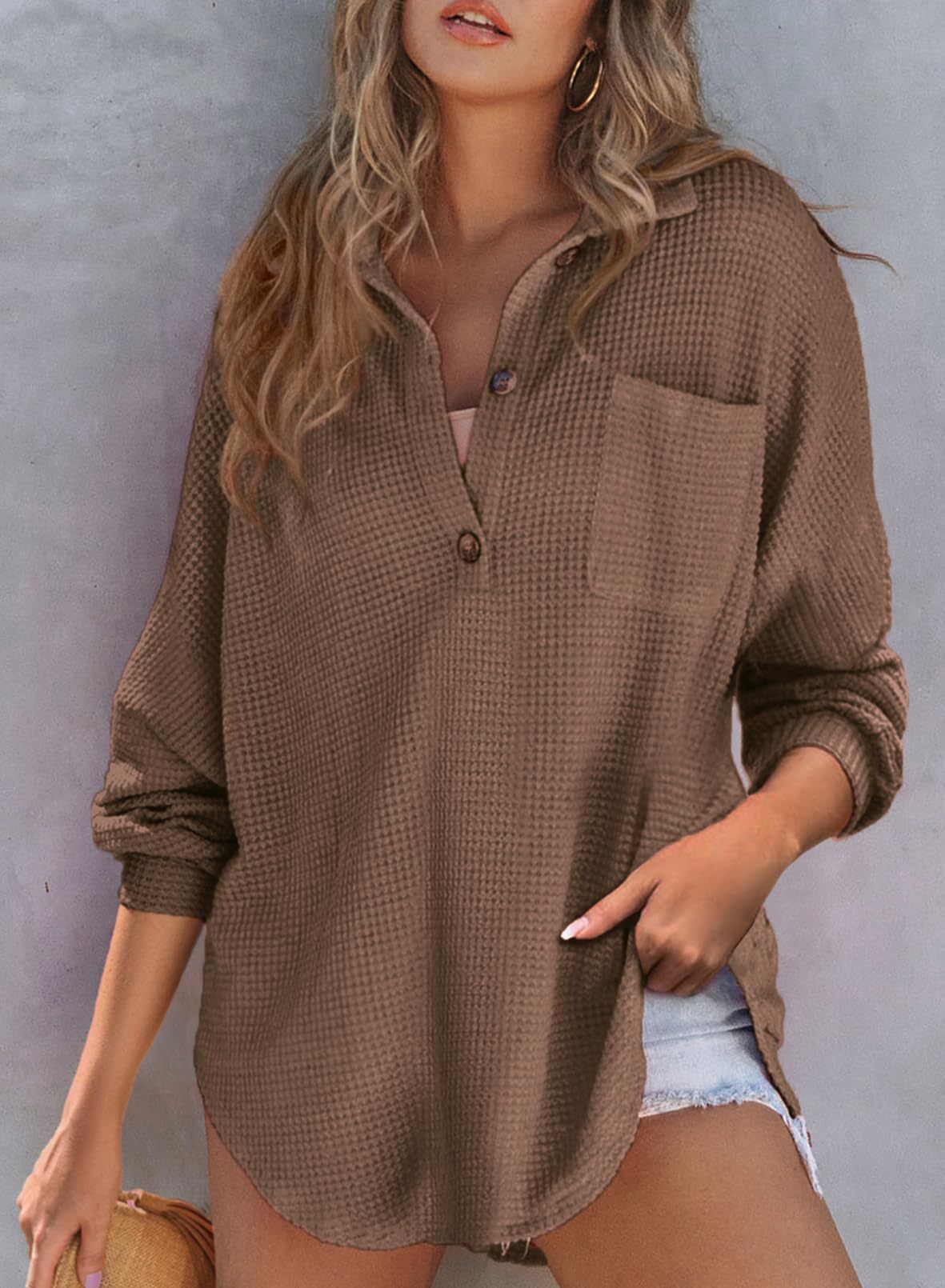 2024 New Women's Waffle Knit Henley V Neck Shirt Jacket(40% OFF Last Day!!!)