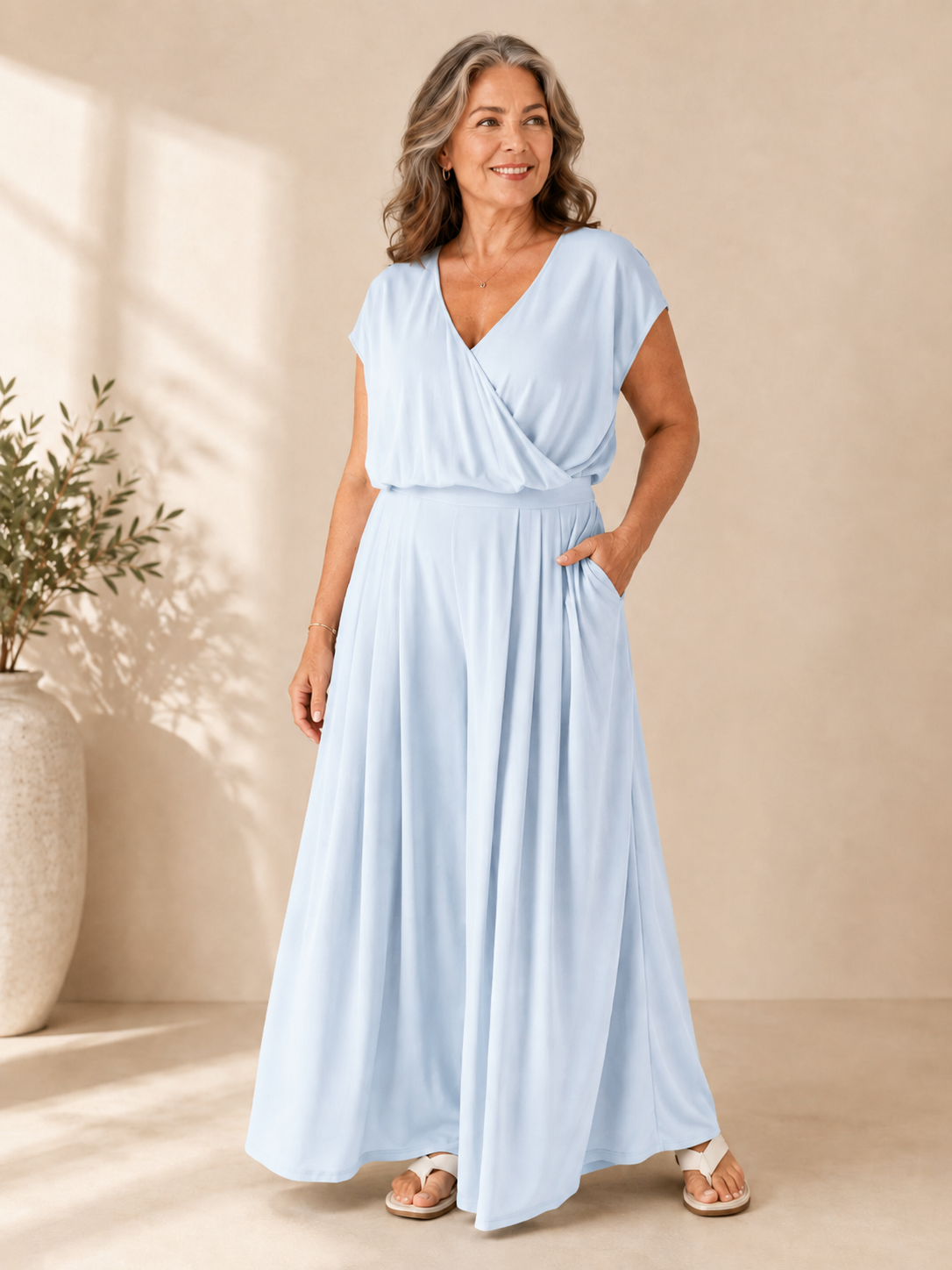 Wrap V-Neck Wide-Leg Jumpsuit with Pockets (Buy 2 Free Shipping)