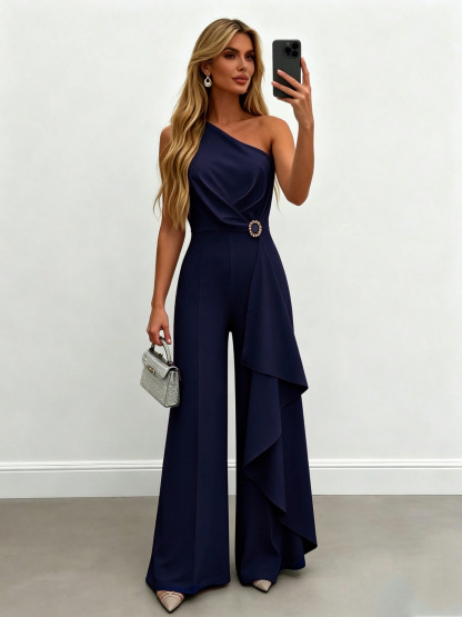 Elegant One-Shoulder Draped Wide-Leg Evening Jumpsuit
