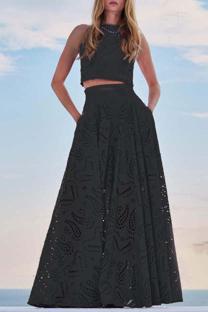 Paris Dreaming Embroidered Lace High Rise Pocketed Maxi Skirt and Crop Tank Top(Buy 2 Free Shipping)