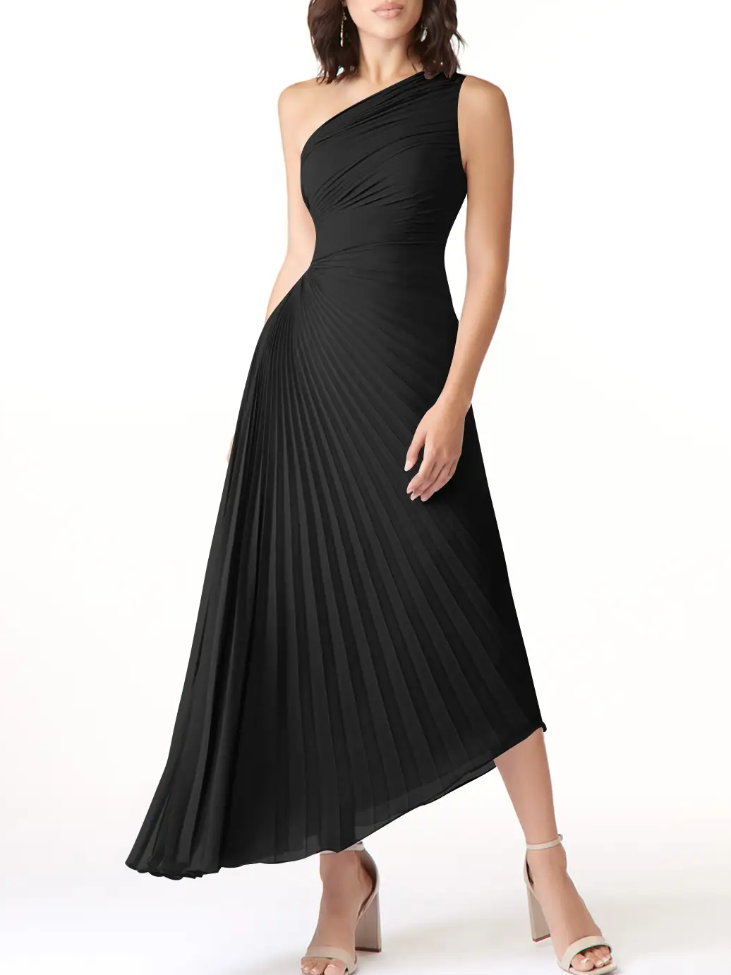 European And American Women'S New Fashion Solid Color Casual Sexy Temperament One-Shoulder Diagonal Collar Pleated Hollow Dress Long Skirt