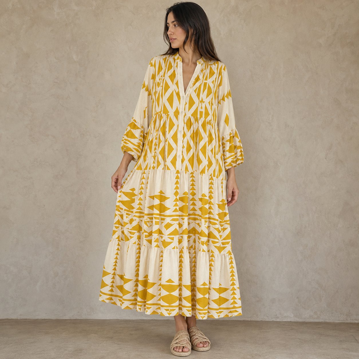 []Geometric Print Boho Tiered Maxi Dress